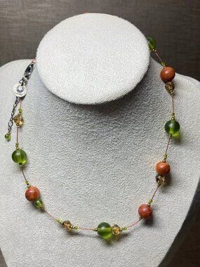 C Rivet Artisan Necklace Dyed Sponge Coral & Glass Beads Green Orange